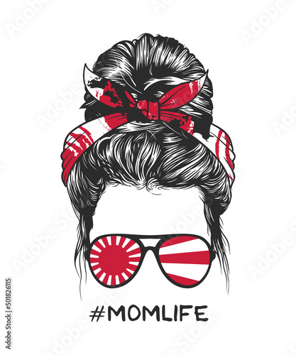 Messy bun hairstyle with Japanese flag headband and glasses, vector illustration