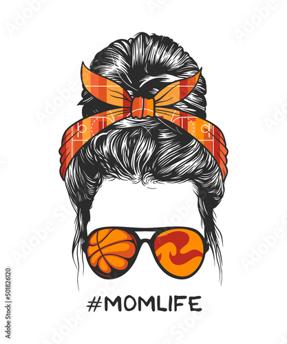 Messy bun hairstyle with basketball headband and glasses, vector illustration