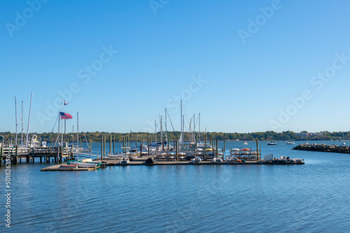 Yachts docked at marina at Edgewood Yacht Club by Providence River in city of Cranston, Rhode Island RI, USA. 