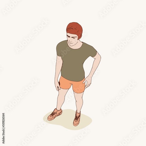 Standing man. Sport boy illustration. Casual sportwear - t-shirt, breeches and sneakers. Young man wearing workout clothes. Sport fashion boy outline in urban casual style.