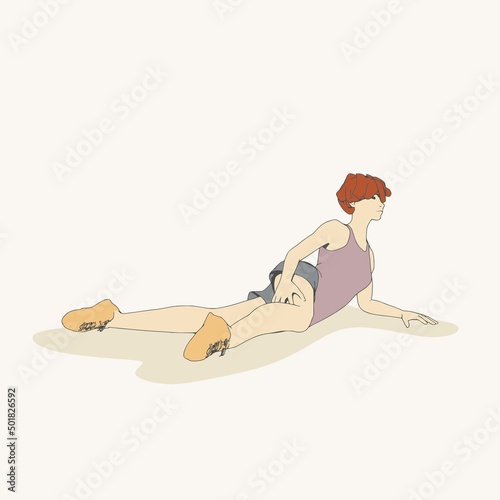 Lying woman. Sport girl illustration. Casual sportwear - t-shirt, breeches and sneakers. Young woman wearing workout clothes. Sport fashion girl outline in urban casual style.