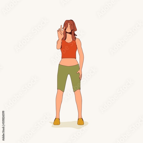 Standing woman. Sport girl illustration. Casual sportwear - t-shirt, breeches and sneakers. Young woman wearing workout clothes. Sport fashion girl outline in urban casual style.
