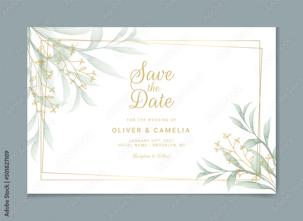 Romantic Watercolor Floral wedding invitation card, background with golden nature. watercolor and floral decoration. Flowers illustration for save the date, greeting, poster, and cover design, flyer, 