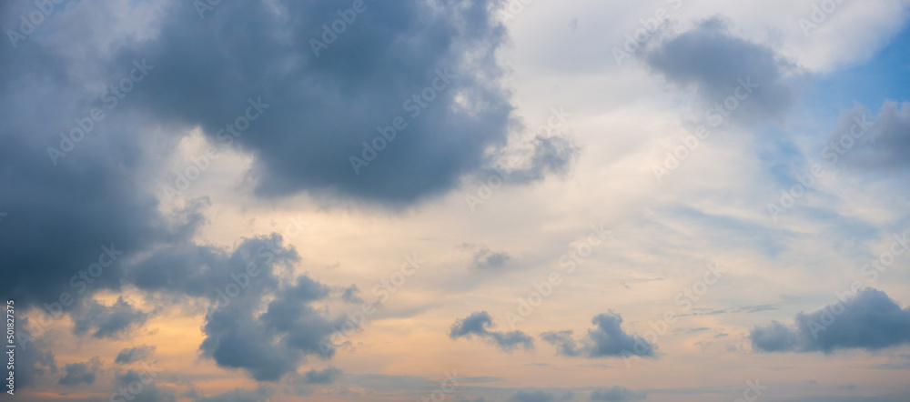 panorama sky and rain clouds at east beach with sunset light. Sky at Samila Beach, Songkhla, Thailand.