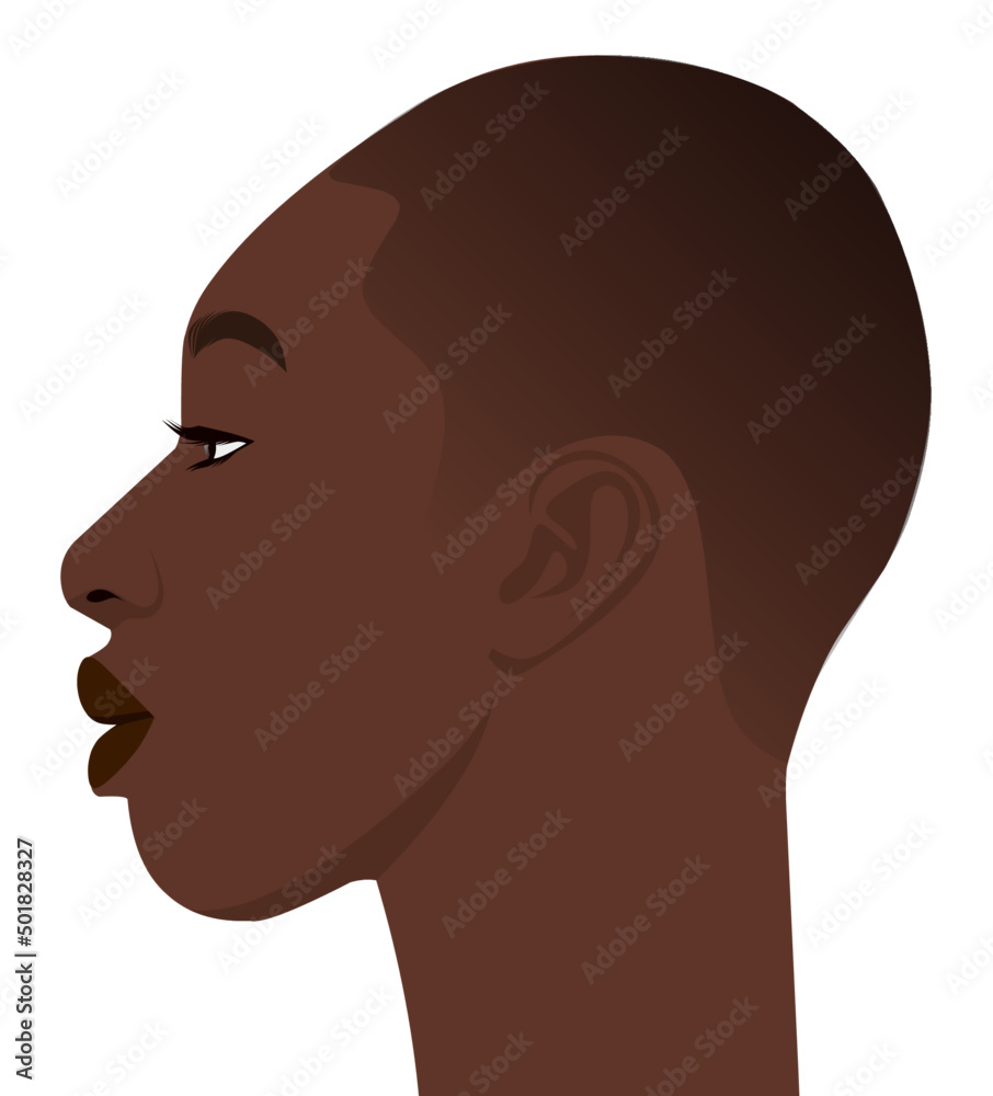 Black woman. African woman profile picture. Girl with very short hair.