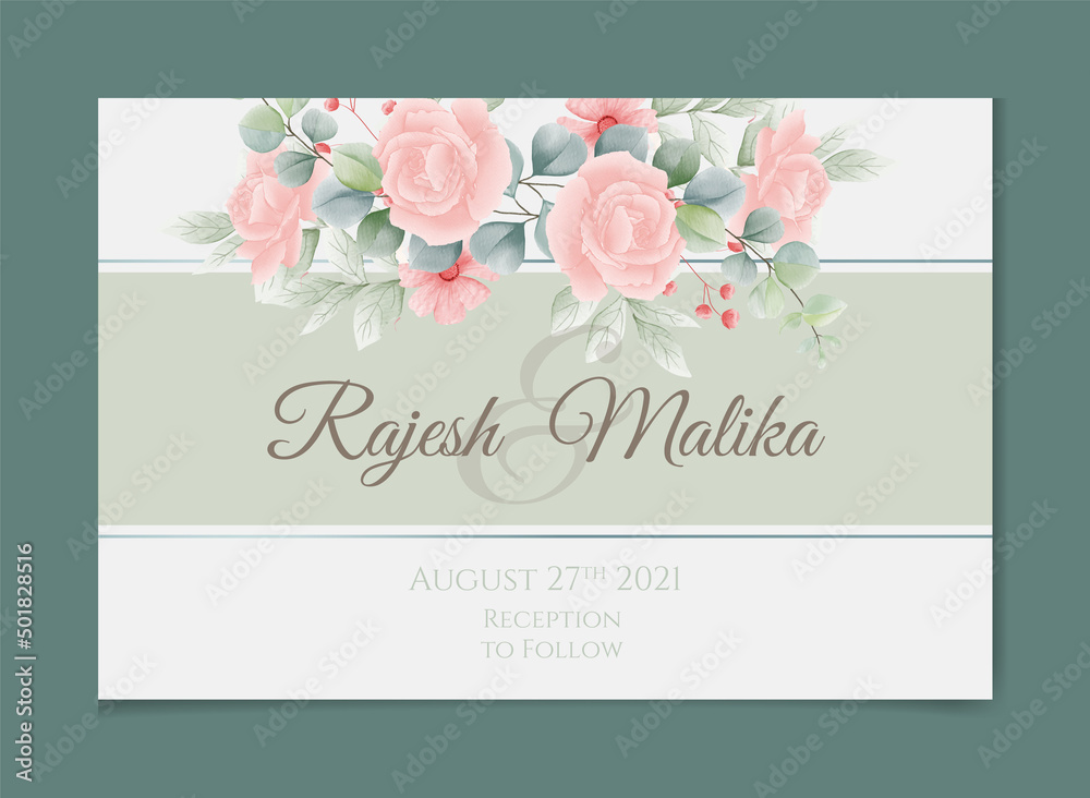 Wedding invitation template with Thank you card, white pink watercolor floral flower and leaves Flowers illustration for save the date, greeting, poster, and cover design, flyer, Abstract Backgrou