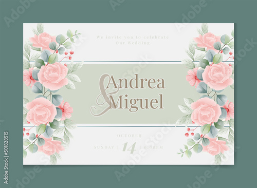 Wedding invitation template with Thank you card, white pink watercolor floral flower and leaves Flowers illustration for save the date, greeting, poster, and cover design, flyer, Abstract Backgrou
