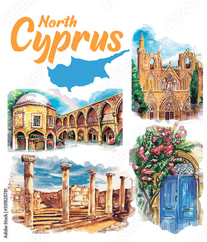 Set of Hand drawn watercolor drawing of Cyprus landmarks  illustration art.