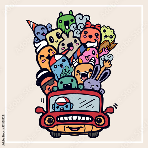 A collection of cute little doodle monsters riding a car isolated on white background 