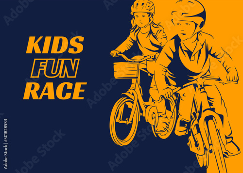 Kids bicycle fun race poster with boy and girl riding bicycle close to each other