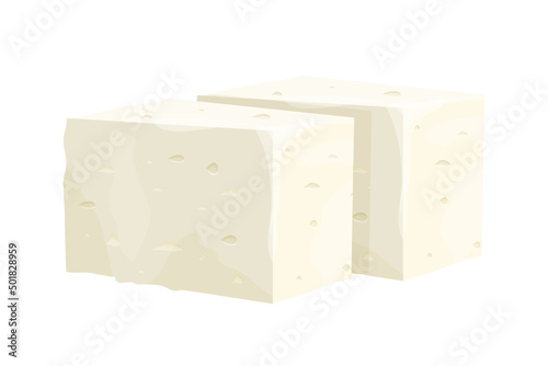 Feta cheese piece in cartoon style detailed ingredient isolated on white background. Greek curd white cheese made from sheeps milk or milk bean. 