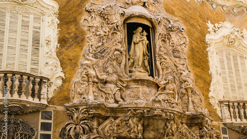 Beautiful close up carved entrance to the National Museum of Ceramics and sumptuary Arts - Valencia Spain