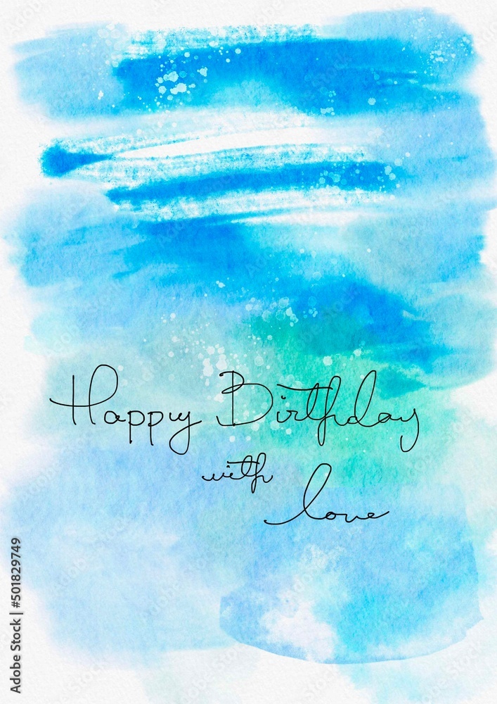 watercolor Happy birthday greetings card design in blue and sea sky ...