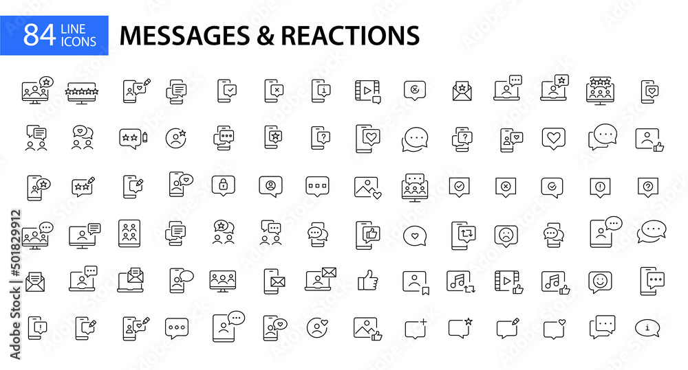 84 messages and social media reactions icons. Pixel perfect, editable stroke, line art