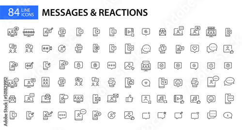 84 messages and social media reactions icons. Pixel perfect, editable stroke, line art