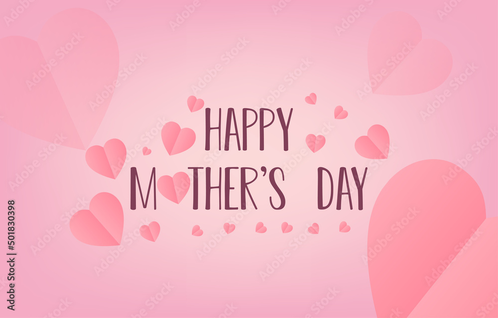 Mother's Day greeting card banner vector with paper cut hearts.symbol of love and handwritten letters on pink background.