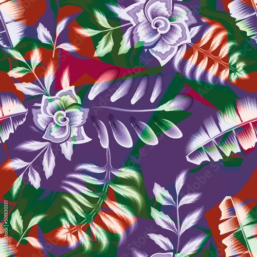 purple color tropical seamless pattten on grunge background. abstract plants leaves seamless pattern. banana leaves and plants foliage pattern. Floral background. Exotic tropics. Summer design