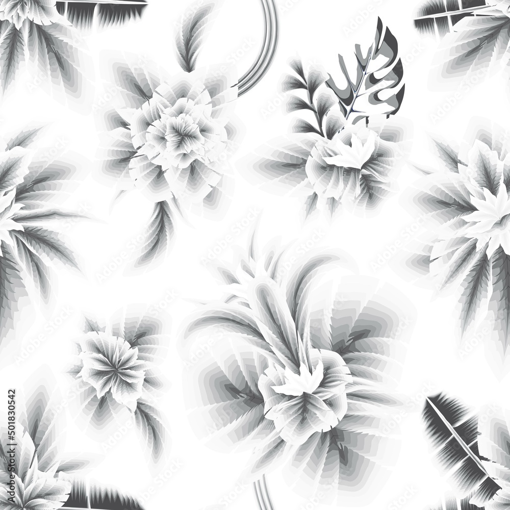 vintage tropic botanical seamless pattern on white background. black and white. Hand drawn summer floral background. Botanical seamless pattern made of abstract flowers. Summer design. nature art 