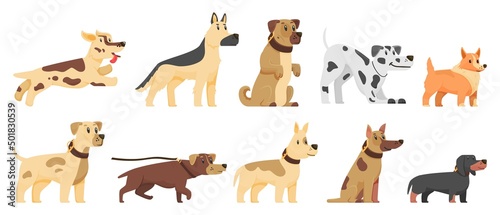 Cute dogs set of pets static and in action  cartoon style