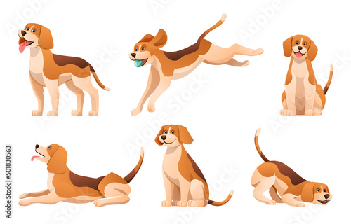 Set of cartoon beagle dog in various poses