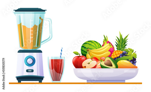 Smoothie in blender mixer with various fresh fruits vector illustration