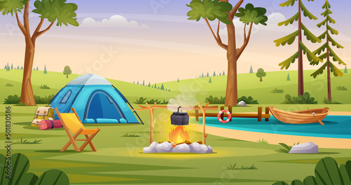 Morning camp landscape with hills and lake view illustration