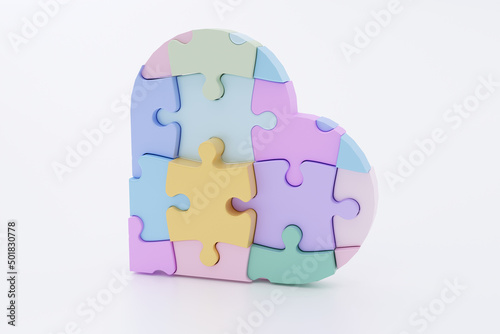 Colorful puzzle Heart.  Heart shape. 3D illustration.