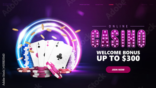 Online casino, purple banner with offer, with playing cards and falling chips in tunnel of neon pink and blue round frames in dark scene