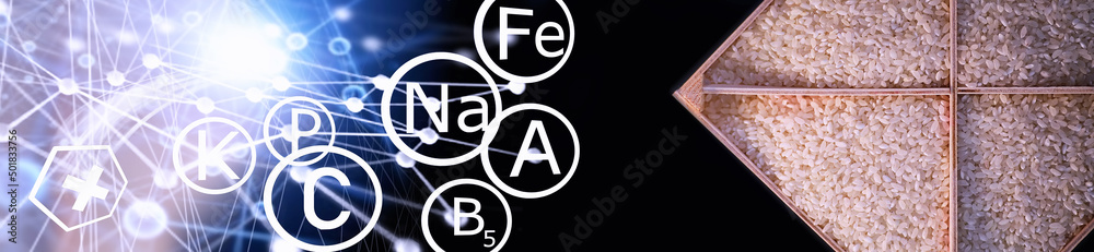 Naklejka premium A set of grain cereals. Rice, buckwheat and millet groats in a wooden tray. A grocery set of cereals. Import of grain.