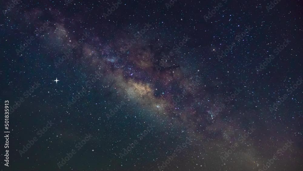 Milky Way galaxy exploration through outer space towards glowing milky way galaxy. 4K looping animation of flying through glowing nebulae, clouds and stars field. Animation video 
