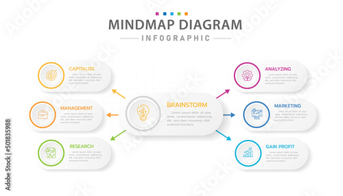 Infographic template for business. 6 Steps Modern Mindmap diagram with title topics, presentation vector infographic.