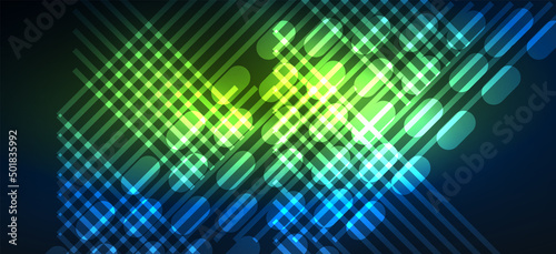 Background neon glowing lines and geometric shapes. Lights in the dark wallpaper for concept of AI technology, blockchain, digital, communication, 5G, science