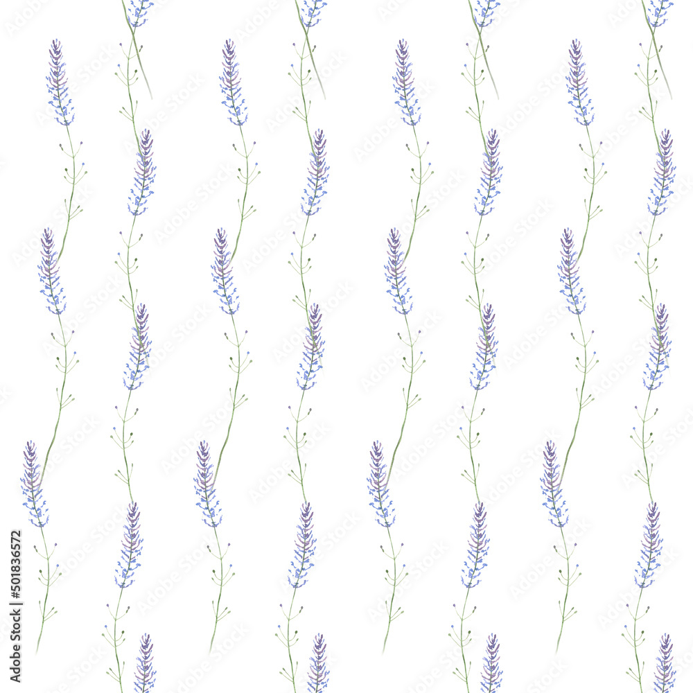 Watercolor seamless floral pattern – lilac lavender flowers on white background. For wallpapers, postcards, wrappers, greeting cards, wedding invitations