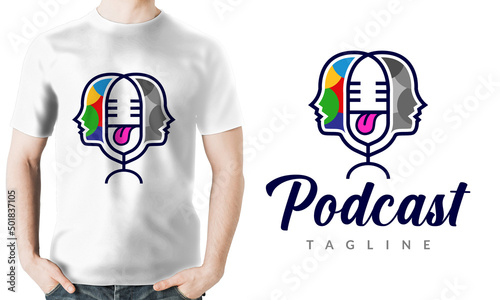 Human Tongue Microphone Podcast Logo design vector icon symbol illustration. Colorful human and general human attach with microphone with a tongue looks creative and interesting, perfect for brand!