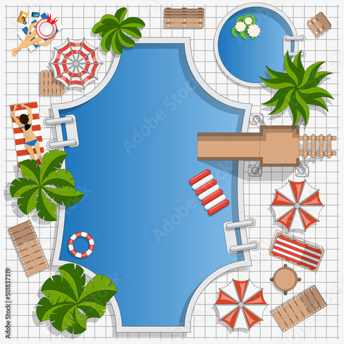 Pool. A place to relax. View from above. Vector illustration.