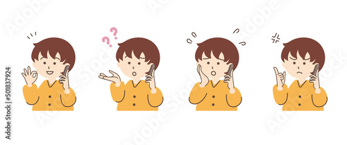 スマホで通話している女性のシンプルなイラストセット_A06【ショートボブ】