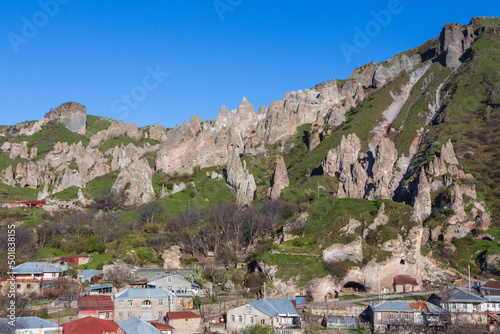 Top view of the town of Goris and the Medieval Goris Cave Dwellings on its outskirts. Armenia