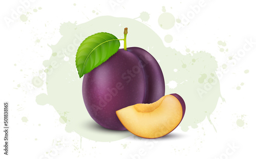 Plum Fruit vector illustration with Plum slices and green leave isolated on white background