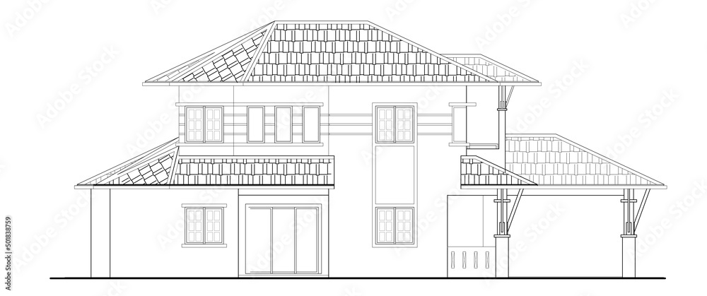 2D CAD 2 story house external elevation drawing complete with facade decoration, window and door. Drawing produced in black and white. 
