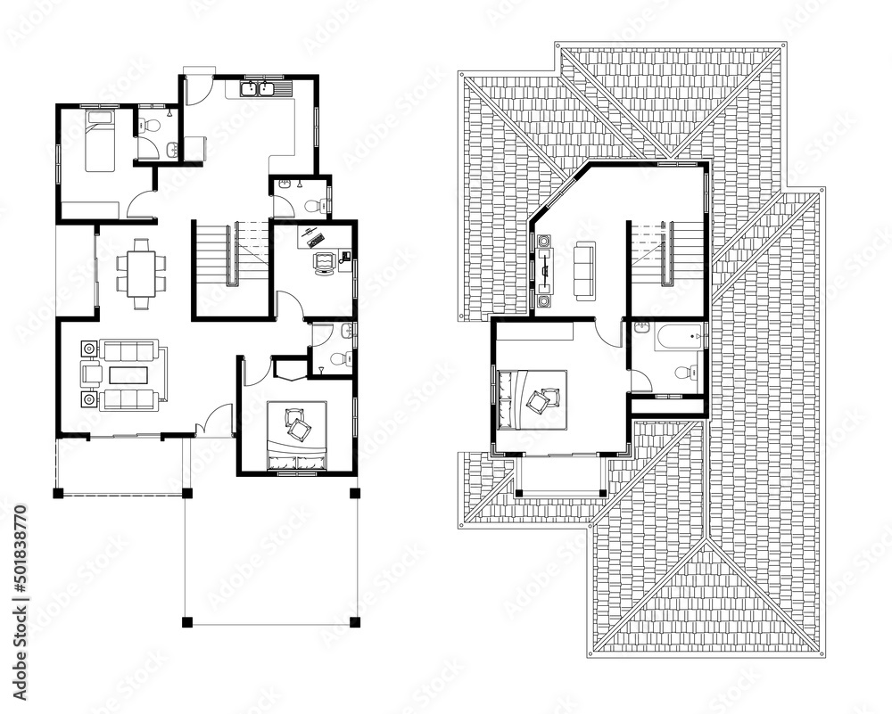 2D CAD 2 story house layout plan drawing with 3 bedrooms complete with ...