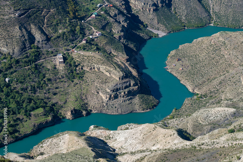 Top view of the bend of the Sulak river in the Sulak canyon on a sunny September day. Republic of Dagestan, Russia