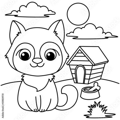 Husky dog with landscape cartoon coloring page illustration vector. For kids coloring book.