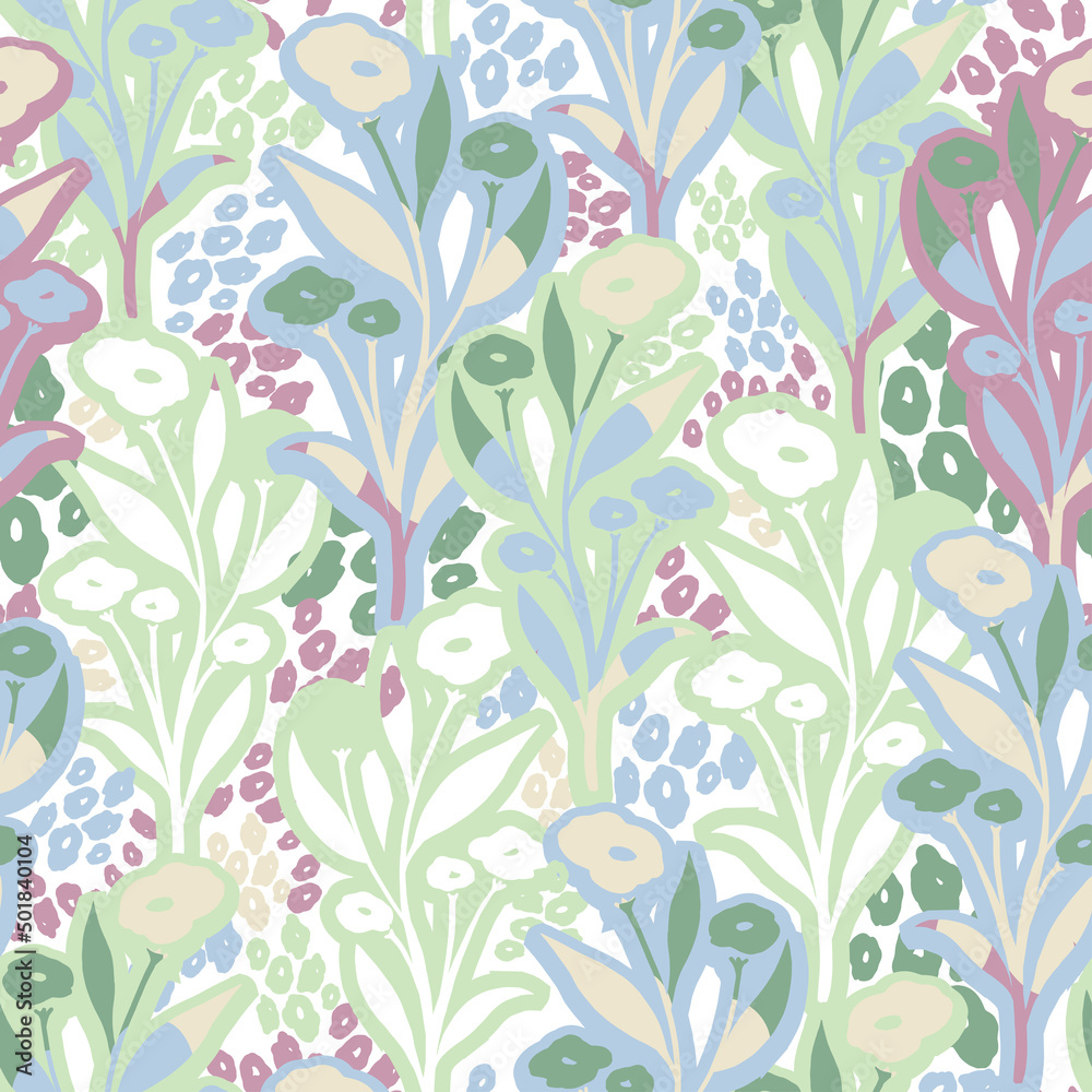 seamless cute hand drawn flowers and leaves pattern background , greeting card or fabric
