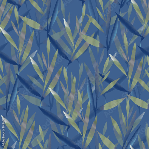 seamless doodle watercolour leaves pattern on blue background   greeting card or fabric
