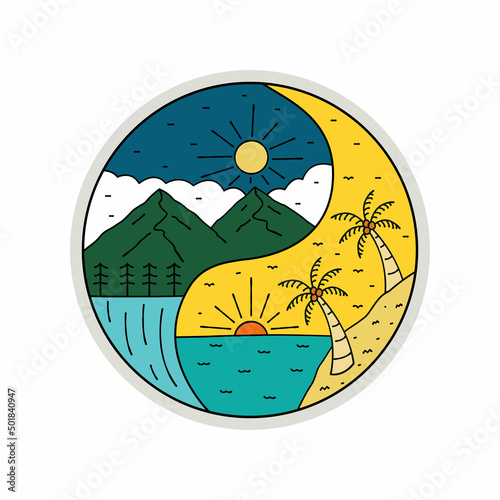 Yin Yang Nature concept of mountain and beach. wildlife and summer . for badge patch emblem graphic vector art t-shirt design