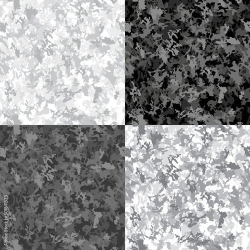 Vector camouflage seamless pattern set. Abstract hunting military camo endless texture. Monochrome black grey white modern illustration