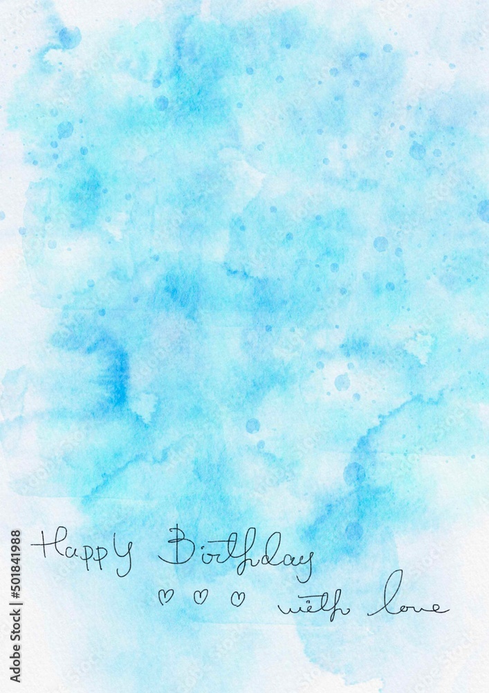 watercolor Happy birthday greetings card design in blue and sea sky ...