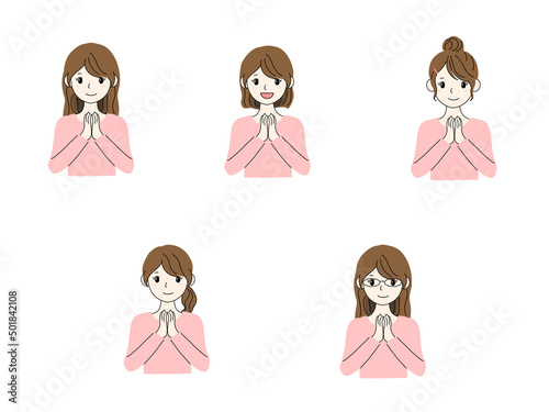笑顔で胸の前で手を合わせている女性のイラストセット