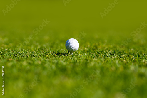 Golf ball in golf course. Sport golf ball on background with copy space.