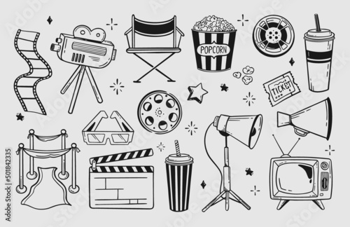 Canvas Print Movie theater set of elements hand-drawn with a line for festivals and holidays